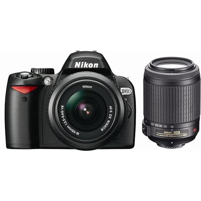 Réflex D60 - Svart + Nikon AF-S DX Nikkor 18-55mm f/3.5-5.6G VR + AF-S DX Nikkor 55-200mm f/4-5.6G VR f/3.5-5.6 + f/4-5.6 · imagen principal